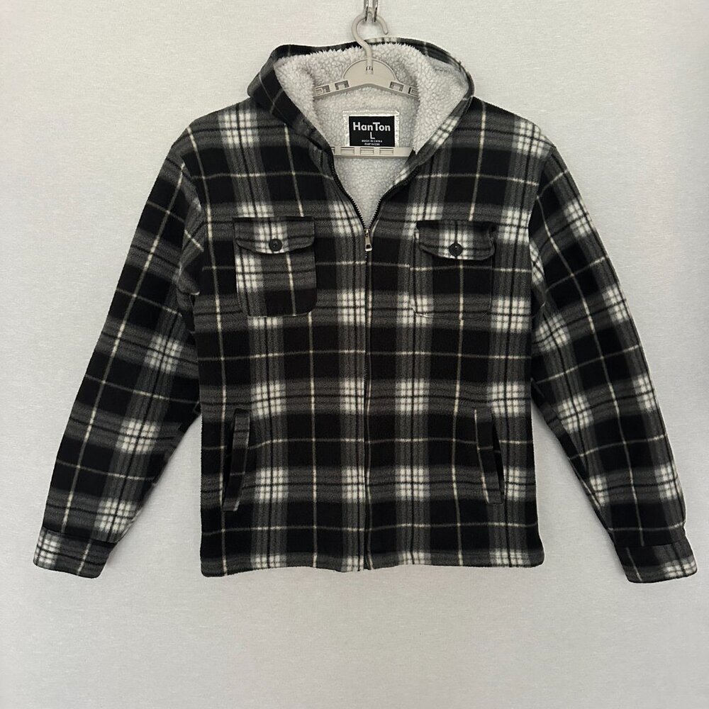 LEE HAN TON MEN'S SHERPA-LINED FLANNEL HOODIE JACKET BLACK AND GRAY PLAID SIZE L